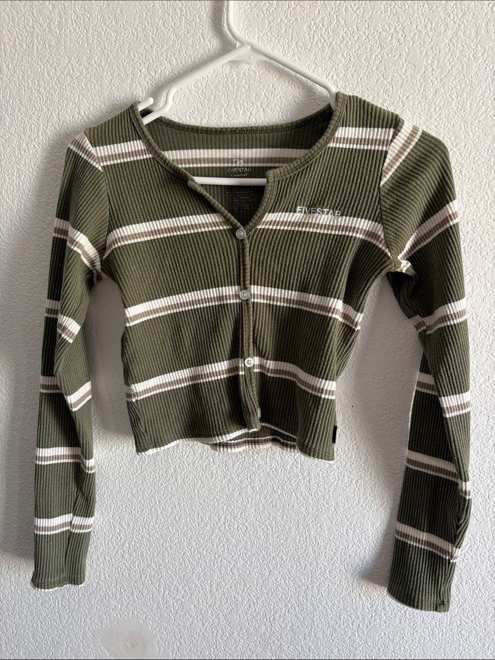 Five Star Olive and Cream Striped Ribbed Button-Front Cardigan